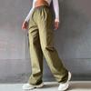 Women Cargo Pants Elastic Waist Wide Leg Solid Color Trousers Casual Joggers Sweatpants with Side Flap Pocket