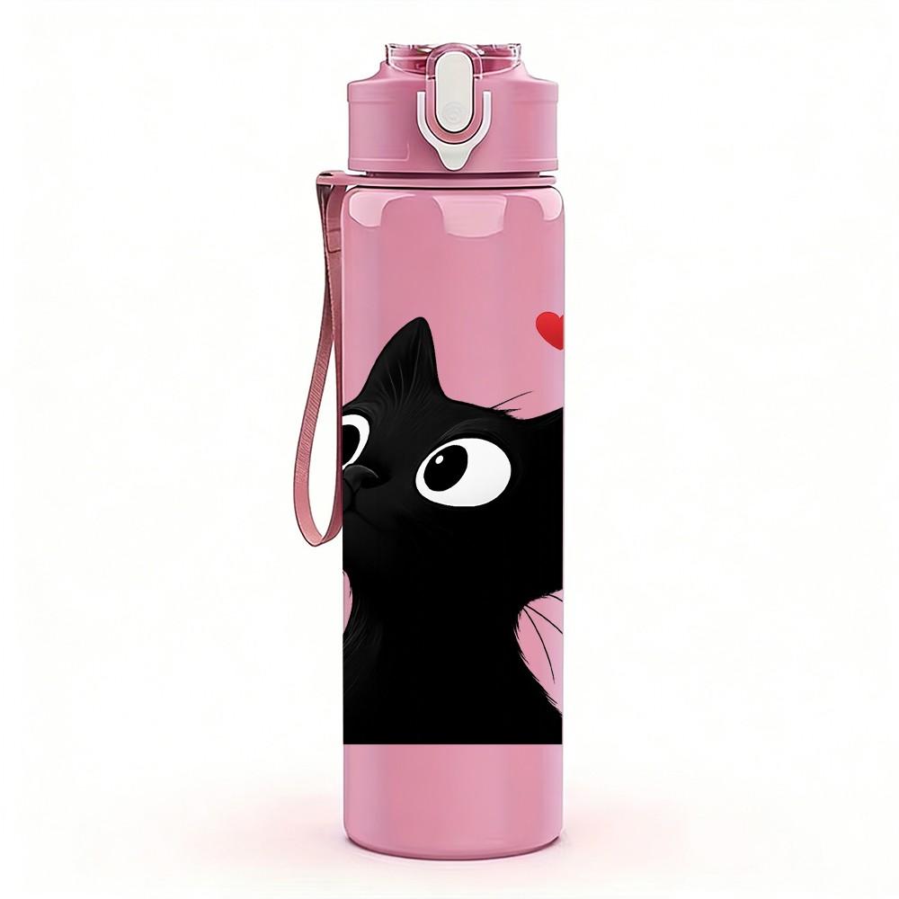 1PC Black Cat Red Heart Pattern 750ml Color Plastic Sports Water Bottle Leakproof Flip Straw Lid Suitable for Sports Office Home Use