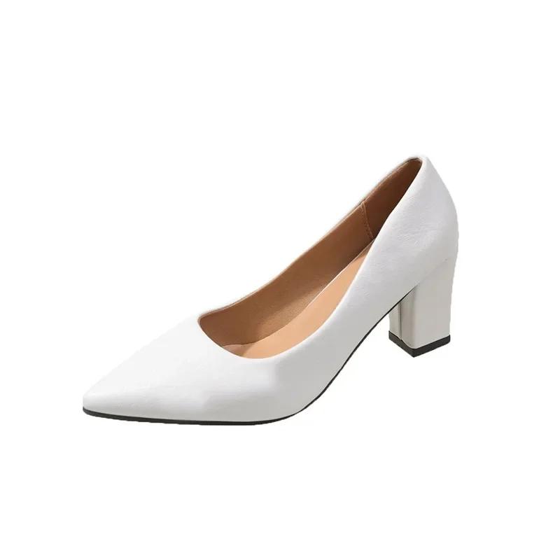 Весна Осень Большой Размер Высокие Каблуки Острый Носок Толстый Каблук Модная Рабочая Обувь Элегантная Индивидуальность Одинарные Туфли на Низком Каблуке