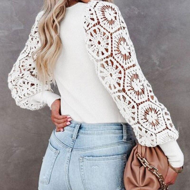 Осень/зима, свободная однотонная офисная блузка, повседневная трикотажная рубашка с длинными рукавами, модные кружевные топы с полыми цветочными крючками Blusas Mujer 29083