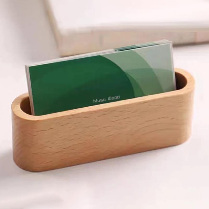 1pc Wooden Business Card Holder Organizer Office Desk Name Card Display Stand With Pen Slot Memo Pad Cards Stand Card Holder