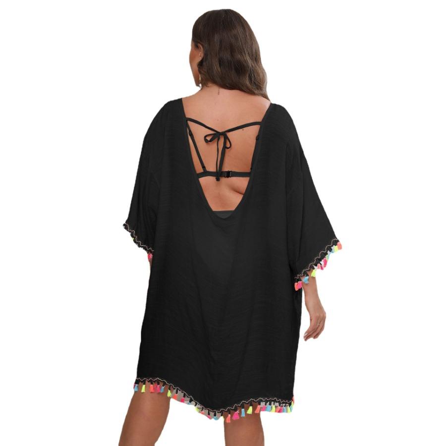 Белое, черное абрикосовое женское платье большого размера с кисточками в стиле пэчворк с разрезом на шее, сексуальное пляжное бикини с открытой спиной и завязками, накидки, платья