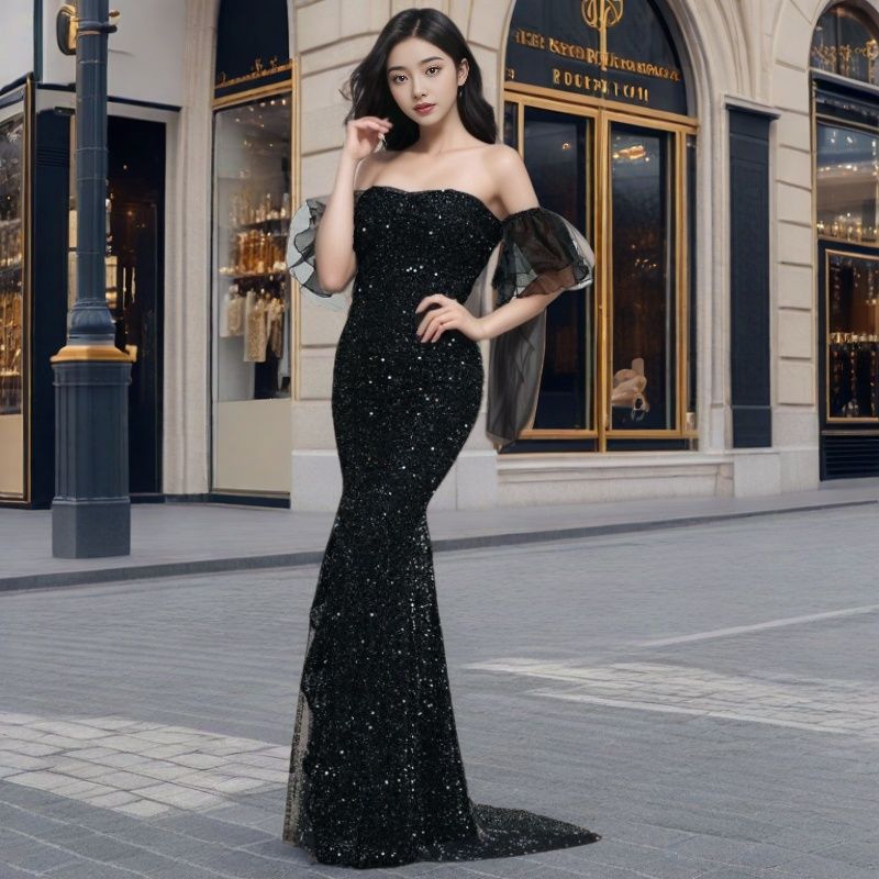 Spring Women's Sexy Sparkly Silk Short-sleeved Party Dress