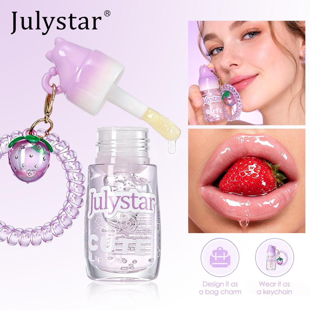 Julystar Милый брелок-клубничка Масло для губ Увлажняющий прозрачный блестящий увеличитель губ Фруктовый вкус Уход за губами Блеск для губ с шнурком для телефона Резинкой для волос Подвеска для сумки