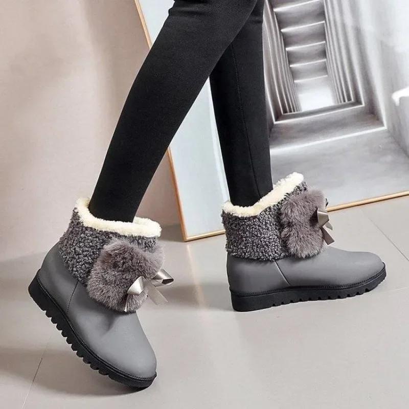 Женские зимние ботинки, ботильоны для женщин, элегантные, на среднем каблуке, ботильоны с лентами и бантом, коричневые, по акции, мода 2024, мех 39