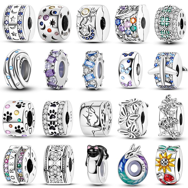 Round 925 Copper Clasp Pave Clip Charms Blue Star Moon Butterfly Slide Safety Chains Spacer Beads Fits Original Bracelet Zircon