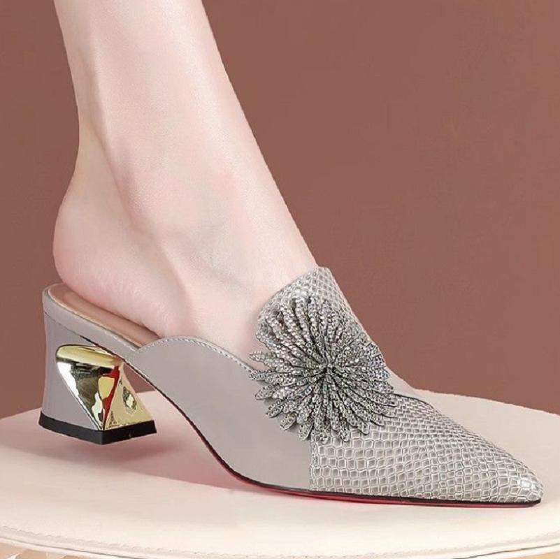 Women Cute Pointed Toe Floral Crystal Spring Slip On Square Heel Shoes Lady Casual Grey Comfort Heel Pumps Ab559