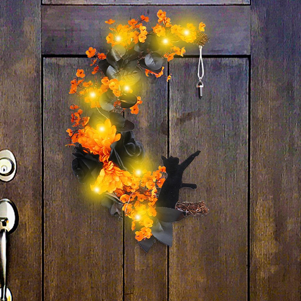 Хэллоуин Лунный венок с черным котом Деревянный венок Хэллоуин Венок Ужасы Украшения для дома Вечеринка Окно Стена Крытый