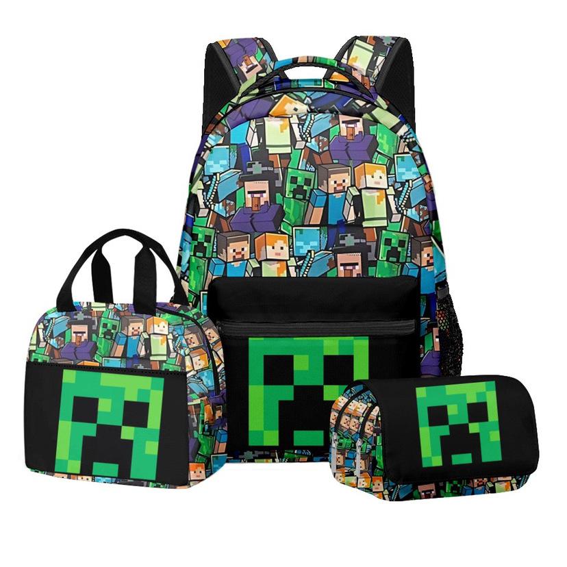 3pcs Minecraft Double-Sided Printed School Backpack 20L Casual Daypack Waterproof Durable Large Capacity less