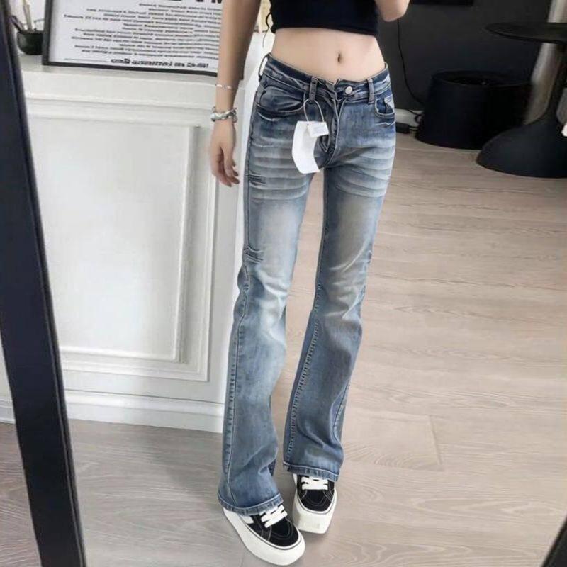 American retro grab pattern design jeans women's autumn new Spice Girl elastic and thin casual mopping straight trousers