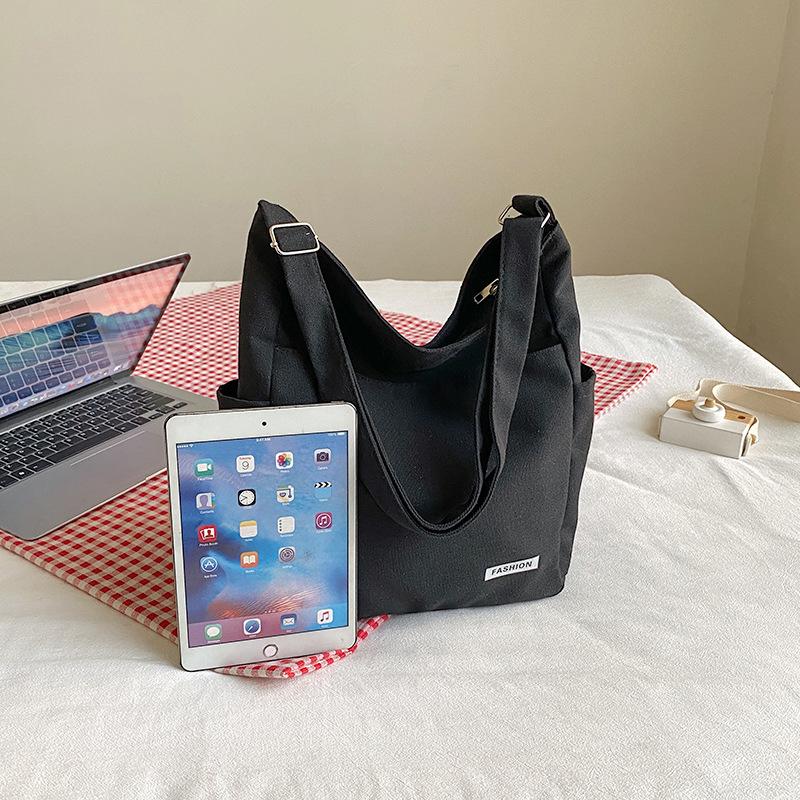 Canvas Shoulder Bag Women'S Simple Solid Color Tote Bag Class Commuting Large Capacity Messenger Bag