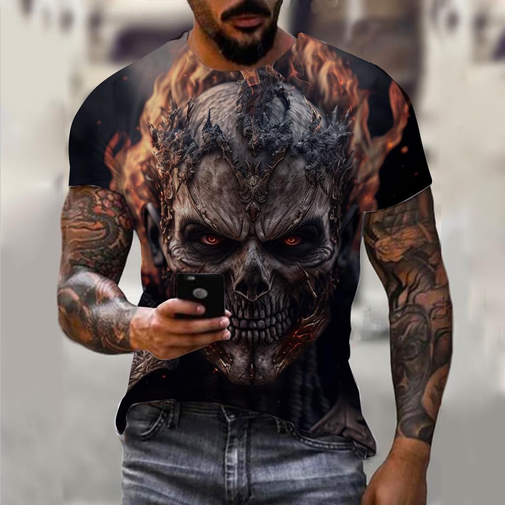 Summer Round Neck 3D Horror Skull Print Top Fashionable Casual Short Sleeved Men's T-shirts