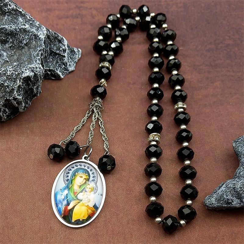 Virgin Mary Baby Jesus Glass Medal Car Pendant for Women Men Stainless Steel OUR LADY Catholic Amulet Prayer Beads Chain Jewelry
