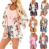 Women Floral Leopard Print Half Sleeve Shawl Cardigan Bikini Cover Up Blouse Top