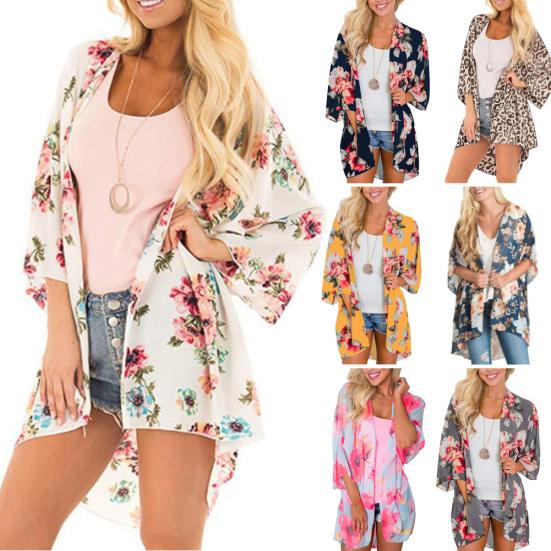 Women Floral Leopard Print Half Sleeve Shawl Cardigan Bikini Cover Up Blouse Top