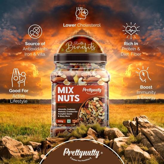 PrettyNutty Healthy Nutmix 500 г, сушеный миндаль, черный изюм, кешью, клюква, черные финики и многое другое. (Упаковка банок)