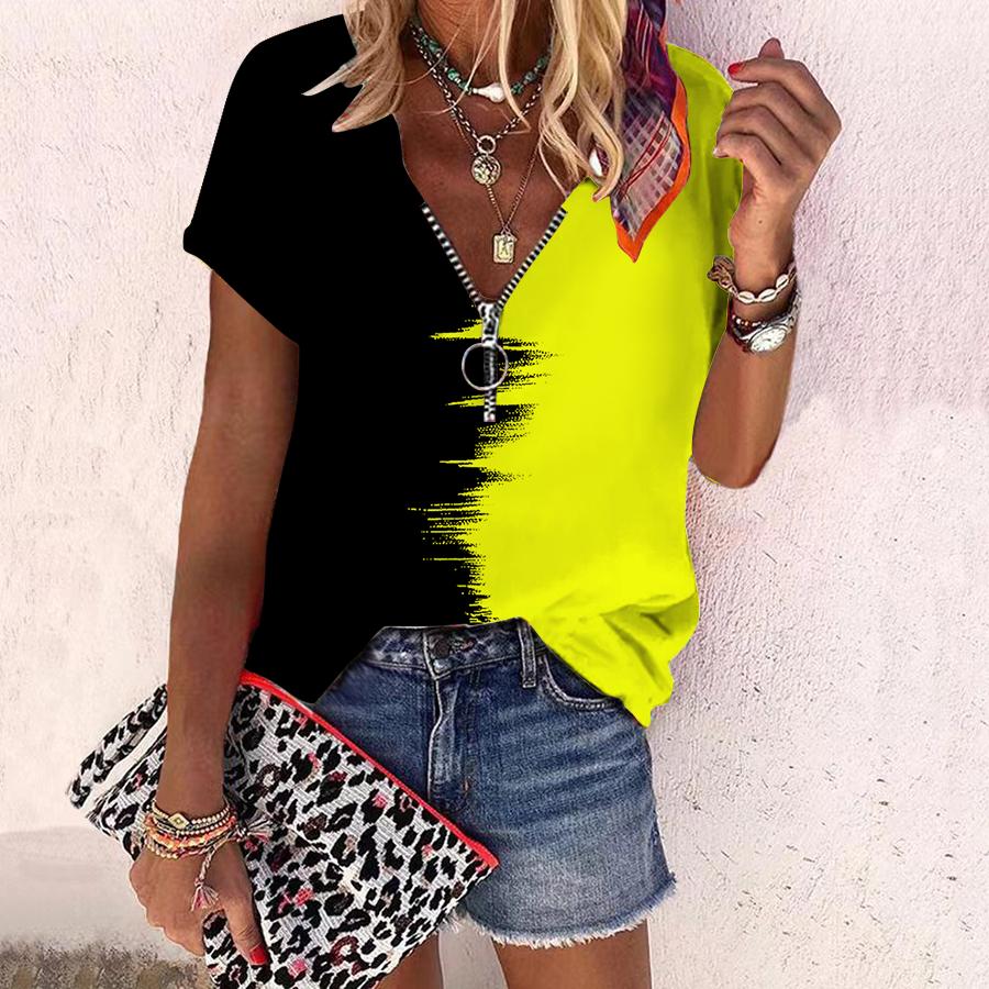 Женский топ, летняя новая мода, повседневный топ с короткими рукавами и застежкой-молнией с монтажом и принтом розы