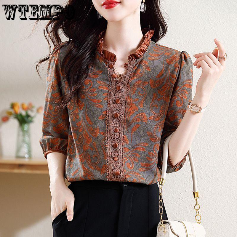 Рубашка с принтом женская летняя большого размера женская кружевная рубашка со средним рукавом свободный шифоновый топ