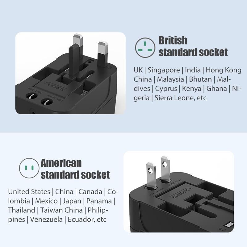 Глобальный универсальный переходник для путешествий, USB-разъемы, адаптер питания переменного тока для ЕС и США, с защитой от детей, блокировкой защитной крышки