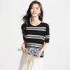 Black and white contrasting T-shirt with mulberry silk, striped knit shirt, casual short sleeved, summer comfortable women's T-shirt top