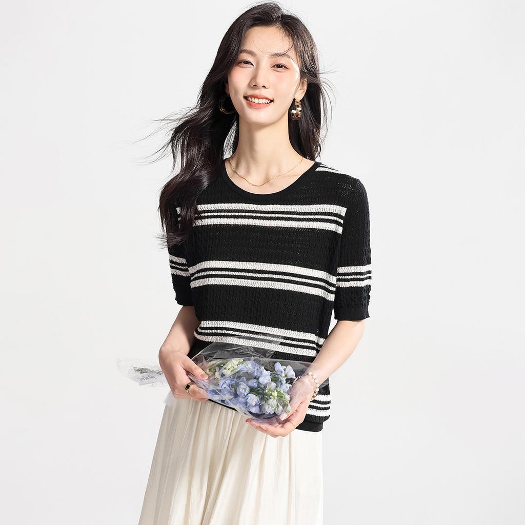 Black and white contrasting T-shirt with mulberry silk, striped knit shirt, casual short sleeved, summer comfortable women's T-shirt top