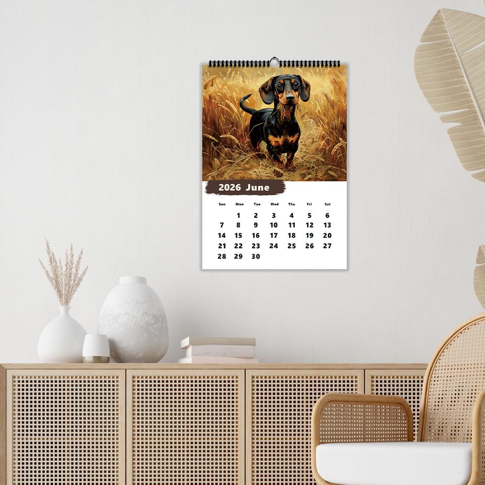 1pc, 2026 Dachshund/Pet Dog Theme Calendar, 12 Different Designs, Wall Calendar, Birthday, Christmas, New Year Gift, US Standard