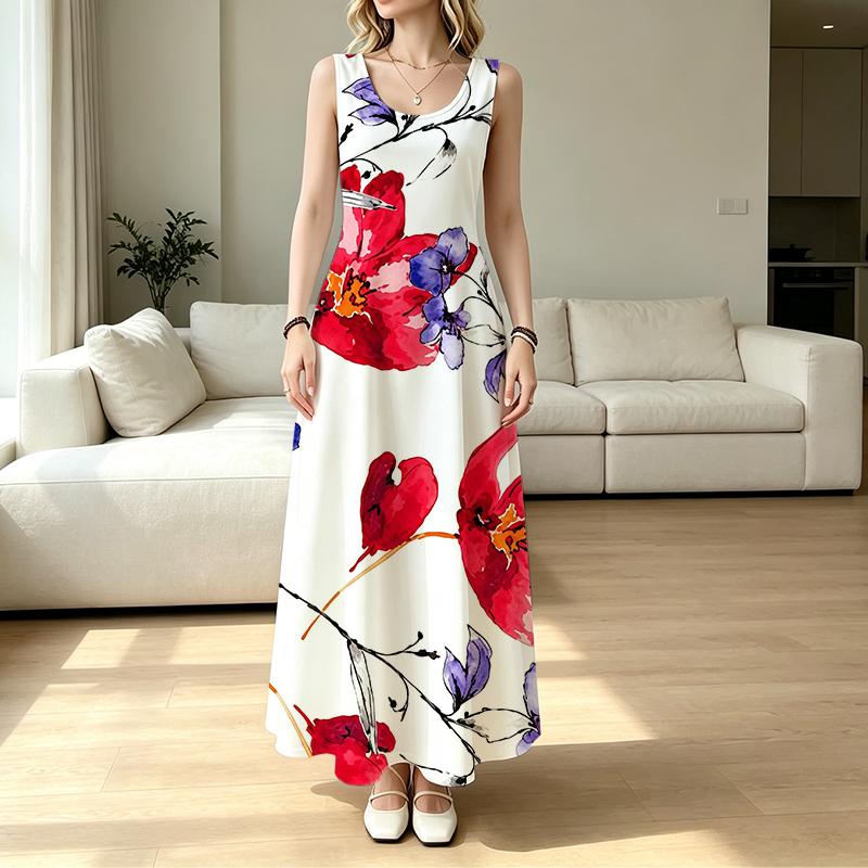 Women's Sleeveless Maxi Dress Watercolor Floral Print,Lightweight & Flowy,Elegant Chic,Perfect for Daily Casual,Friend Gatherings & Vacation Outfits