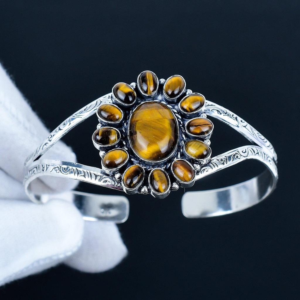 Натуральный камень Тигровый глаз Ручной работы Манжета-браслет из серебра 925 пробы, Браслет в форме цветка Тигровый глаз для жены, Унисекс браслет для подарка