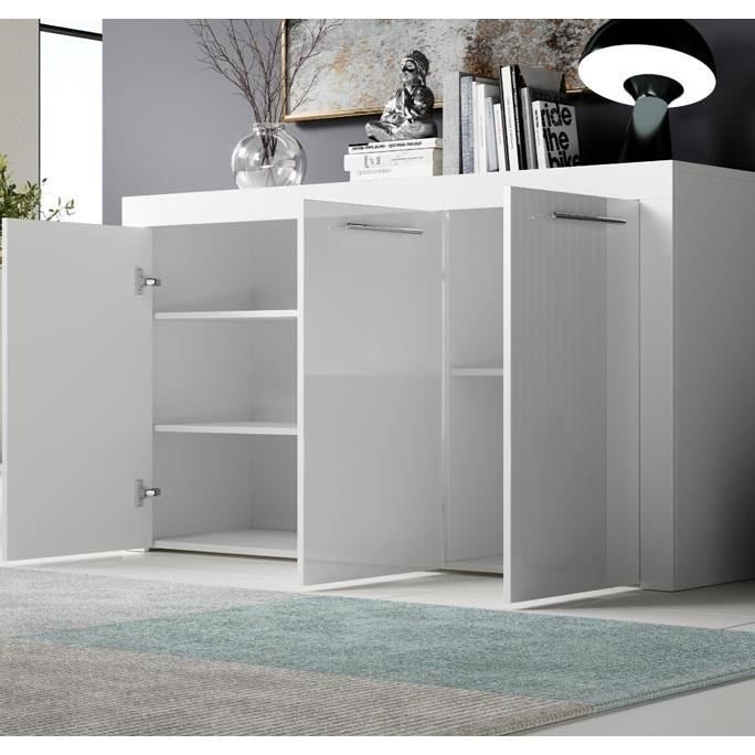 Sideboard 3 doors | 144 x 80 x 42 cm | Color White Glossy Finish | Storage | NELIA