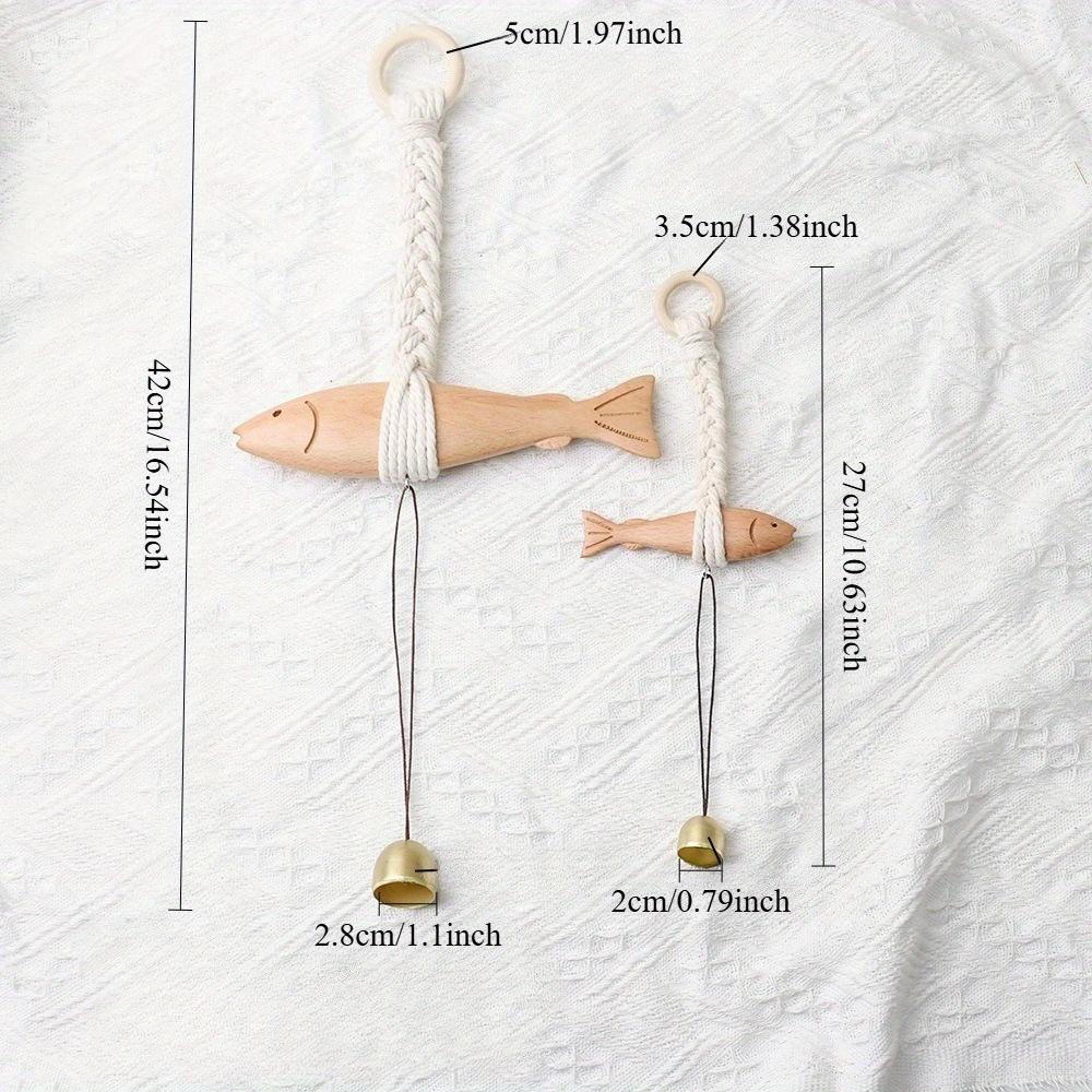 1Pc Marine Beach Themed Wood Fish Sculpture with Bell Handcrafted Fish Door Chimes Rustic Hand Carved Fish Wall Hanging Decor