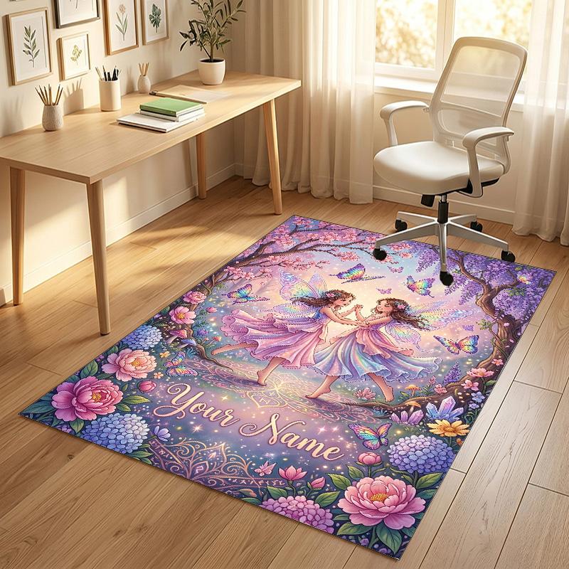 Floral Garden Theme Crystal Velvet Rug Personalized Custom Name Text Soft Floor Mat Home Decor