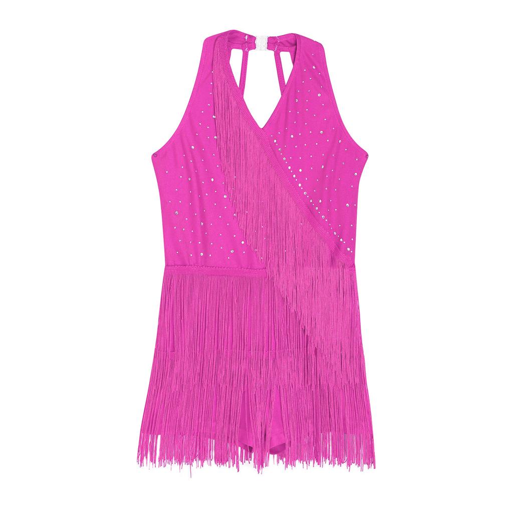 Girls Latin Dance Costume Glittery Rhinestones Fringe Leotard Halter Neck Sleeveless Strappy Back Tassel Jumpsuit