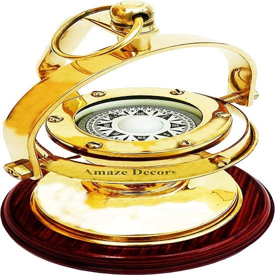 Brass Gimbled Compass Nautical Brass Compass On Wooden Base Marine Ship Compass