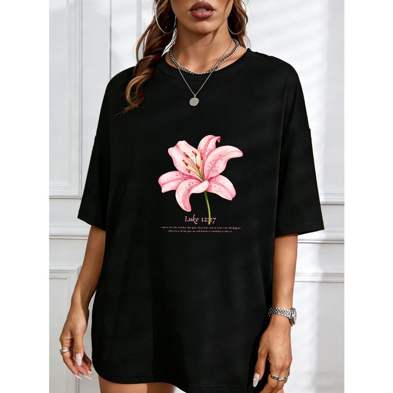 Белая футболка с розовым цветком лилии и стихом из Библии Луки 12:27 для женщин, повседневная одежда, летний наряд