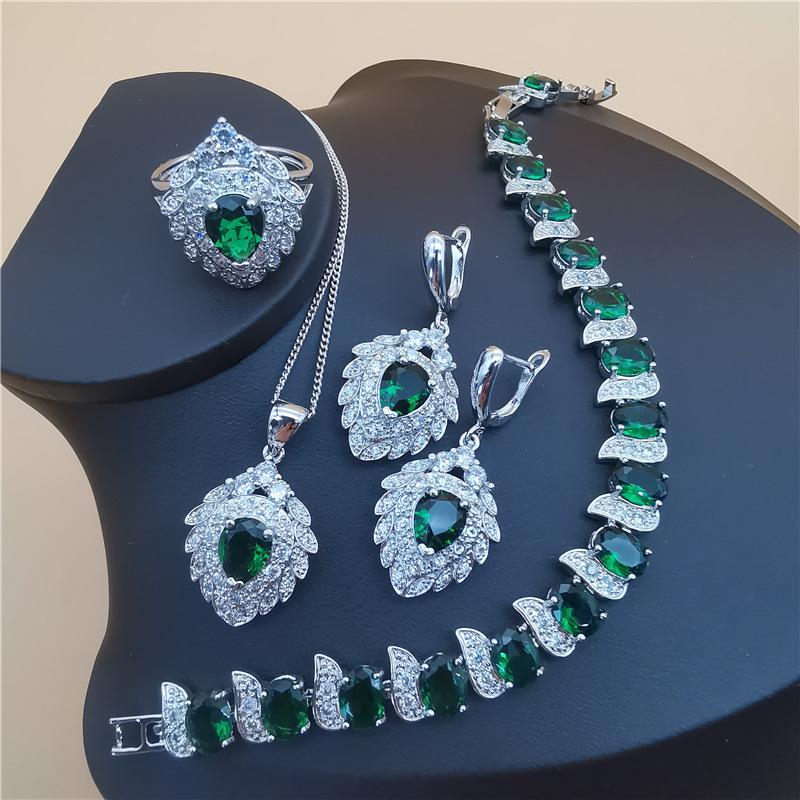 Fashion Bridal Costume Jewelry Set Ladies Accessories Zirconia Earrings Necklace Bracelet Ring Set