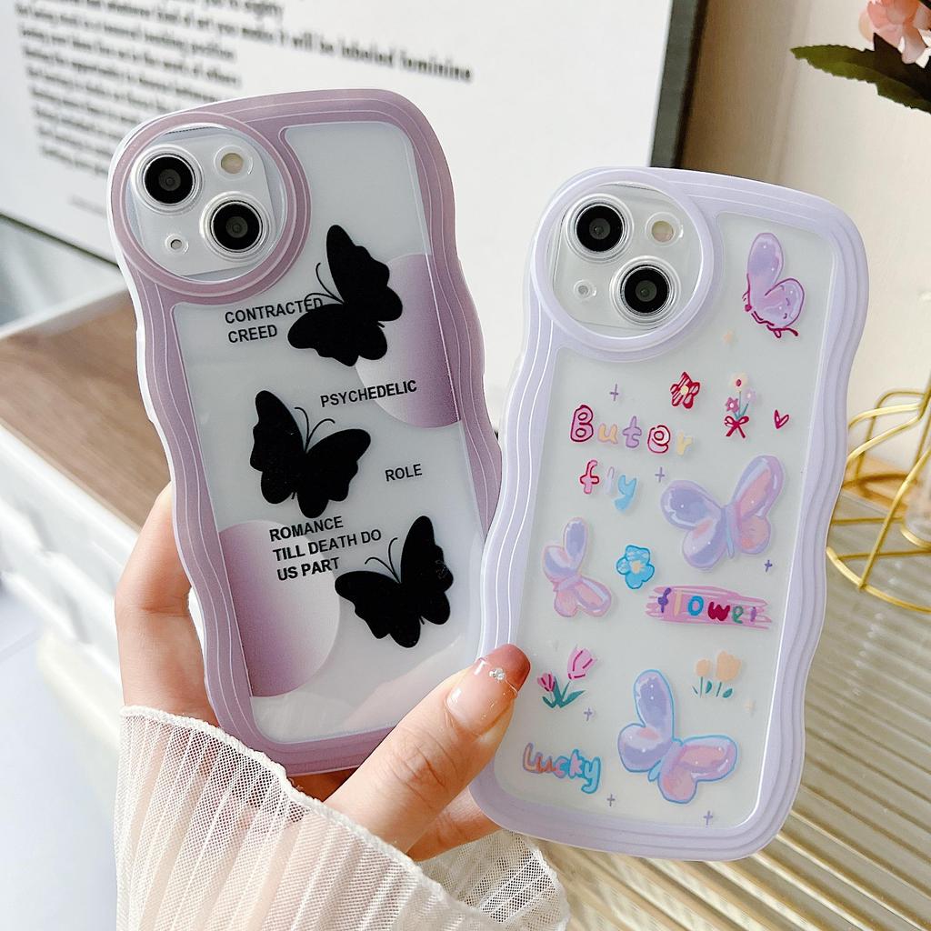 Transparent Wave Edge Painted Silicone Case for Xiaomi Redmi Note 10 11 12 iPhone 15 14 13 11 Samsung A54 A34 A24 Funda Black Colorful Butterfly Cover