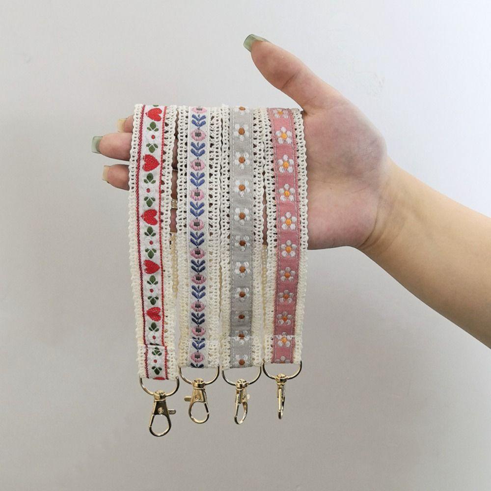 Cloth Ethnic Style Lanyard Colourful Flower Keychain Versatile Lace Wrist Strap  Women