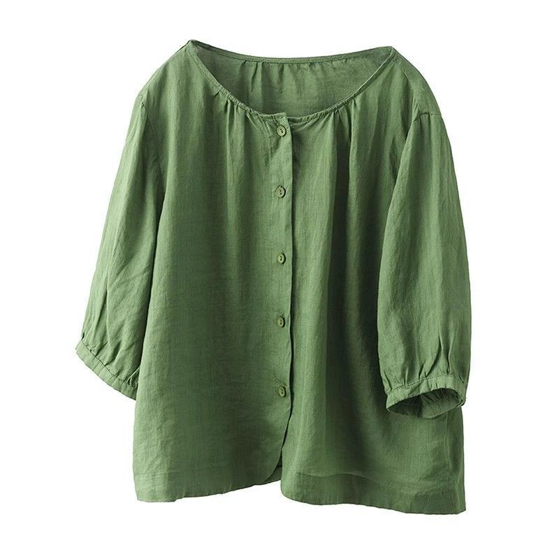 Хлопково-льняная однотонная простая футболка с круглым вырезом, свободная женская одежда, лето, новинка, свободный, универсальный, с темпераментом, кардиган-топ