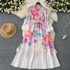 Платье с цветочным принтом и воротником-стойкой, новинка 2024 года, женские высококачественные отпускные платья с длинной тонкой талией, большие качели, французские отпускные платья