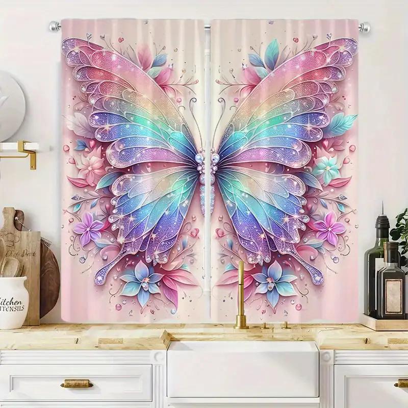 2Pcs- Elegant Colorful Butterfly-Printed Curtains, Pole Bag Curtains, Bedroom And Living Room, Home Decoration, Room Decoration