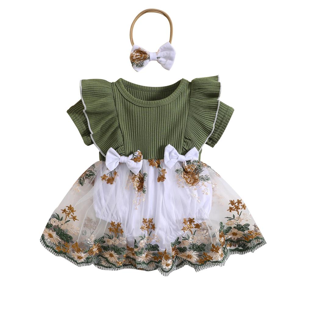 Infant Baby Girls Romper Dress Flower Embroidery Knit Rib Ruffles Crew Neck Jumpsuits Summer Bodysuits with Bow Headband
