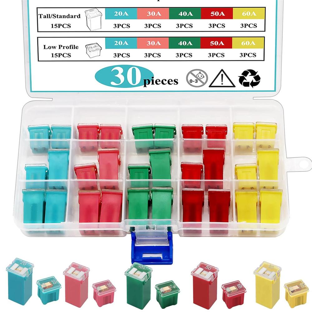 30PCS Jcase Fuse Tall/Standard and Low Profile Box Shaped Fuses Assortment Kit, (20A,30A,40A,50A,60A) for Ford,Nissan Pickup,SUV