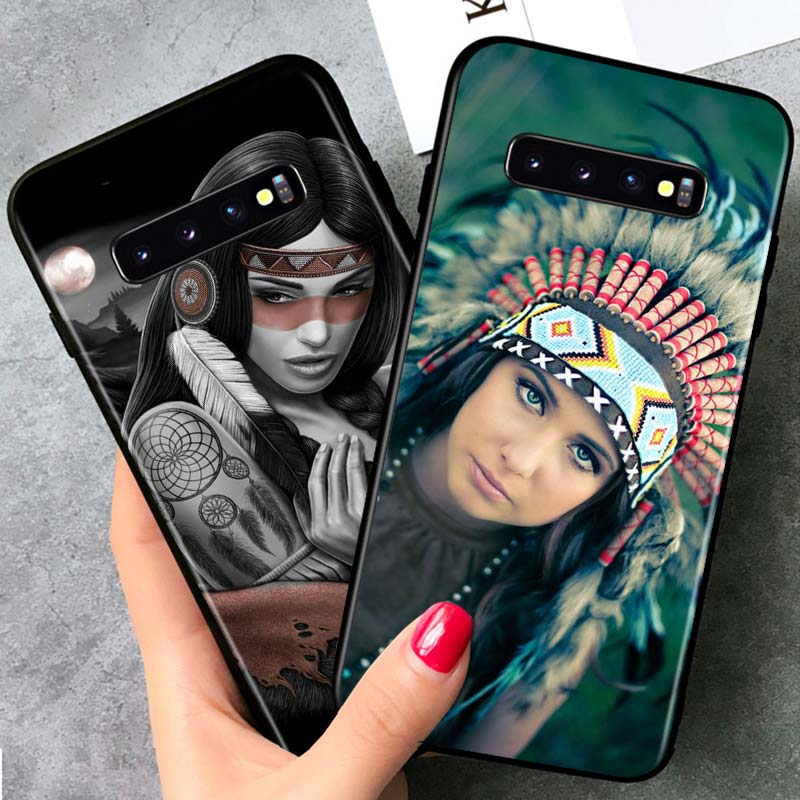 Indian Feathers Girl for Samsung Galaxy S21 Ultra Plus Note 20 10 9 8 S10 S9 S8 S7 S6 Edge Plus Black Phone Case
