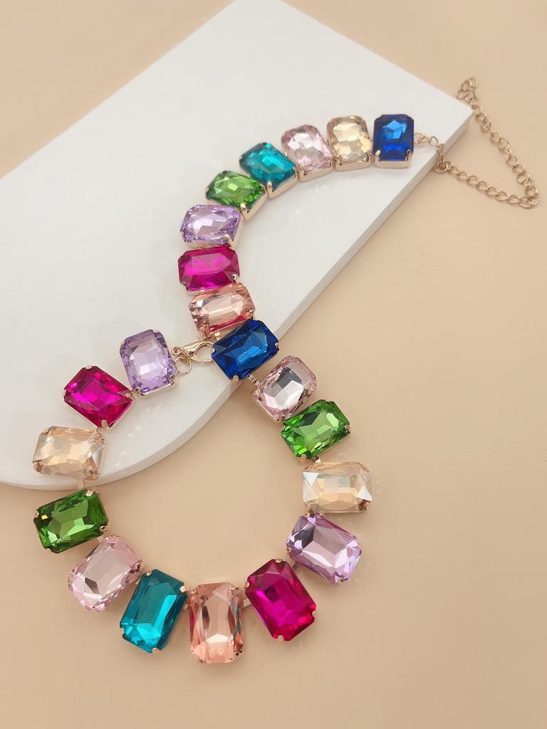 Mixed Color Rectangular 13x18 Crystal Gemstone Necklace - European & American Choker Design