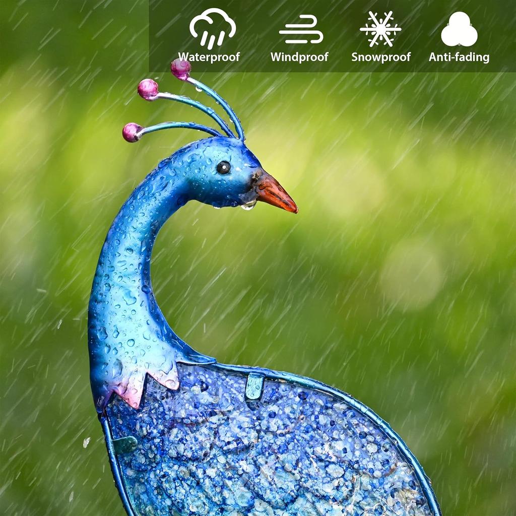 Blue Peacock Solar Light, 40' Glass Garden Decor Outdoor Stake for Lawn, Patio, Gift for Mom