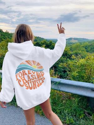 Женское худи с принтом Forever Chasing Sunsets, с длинными рукавами, карманом, теплый пуловер, модная повседневная одежда
