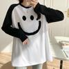 Футболка с длинными рукавами и изображением смайлика для женщин, весна и осень, новый корейский стиль, чистый хлопок, внутренняя часть средней длины, рукав реглан, универсальная нижняя часть рубашки