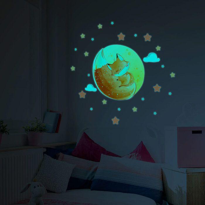 Sticker Phosphorescent Lumineux - RENARD RÊVEUR + 50 ÉTOILES - Autocollant Mural Plafond Enfant Fluorescent - 30x40cm
