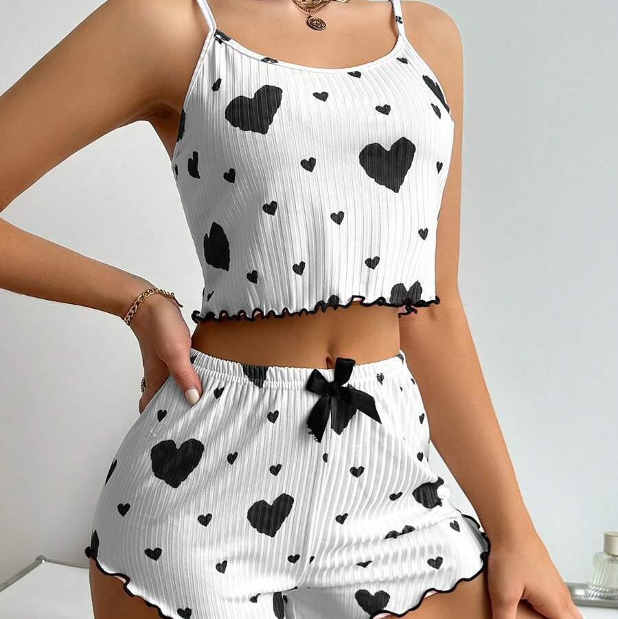 1 комплект Женский летний пижамный комплект в полоску с принтом любви, майка, шорты, пижамный комплект