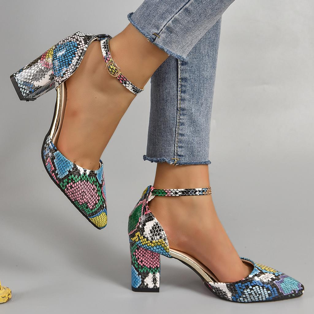 Fashion Aphixta Snake Pattern High Heel Sandals Summer Elegance Retro Women's Square Heel Sandals Size 33-46 Pearl Chain Design